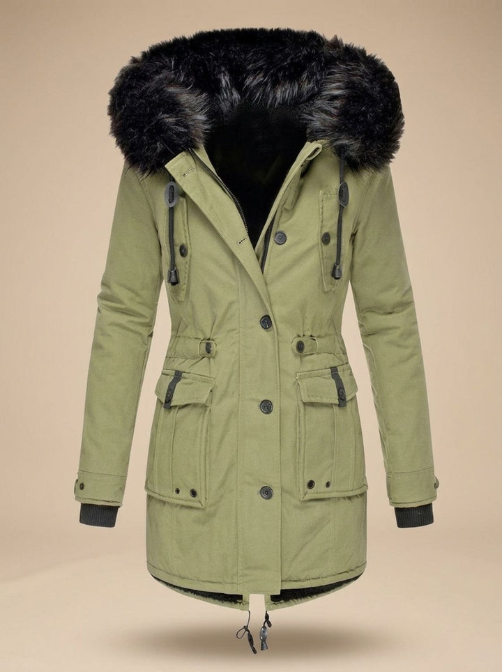 Damen Winterparka mit Kunstfellkapuze Taillenzug Knöpfen - Grün