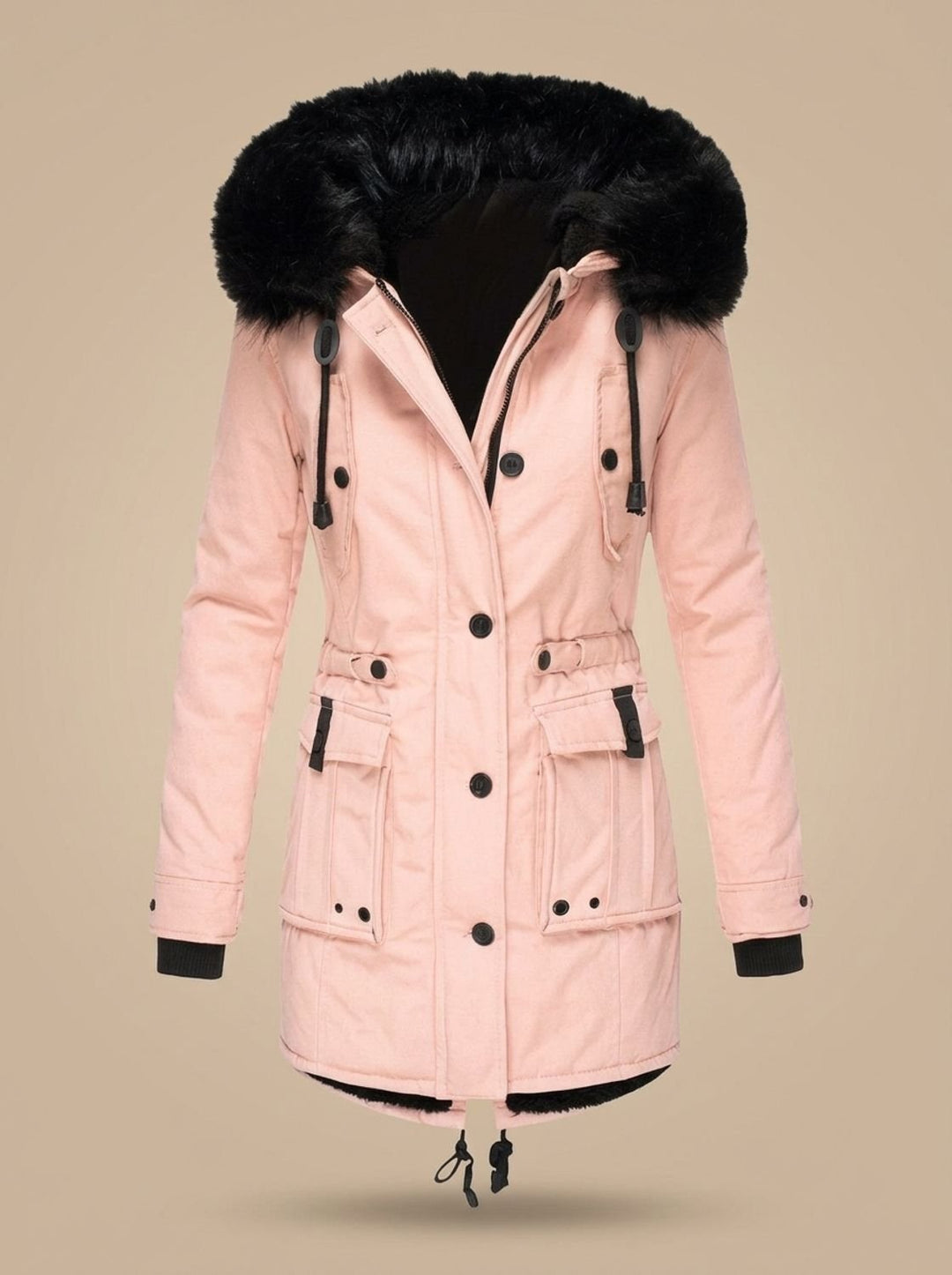 Damen Winterparka mit Kunstfellkapuze Taillenzug Knöpfen - Rosa