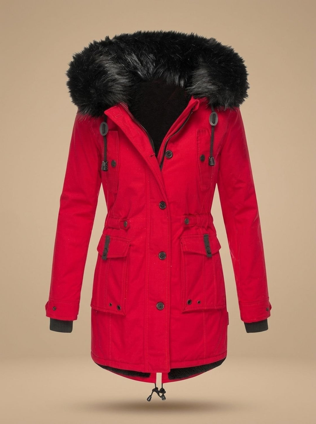 Damen Winterparka mit Kunstfellkapuze Taillenzug Knöpfen - Rot