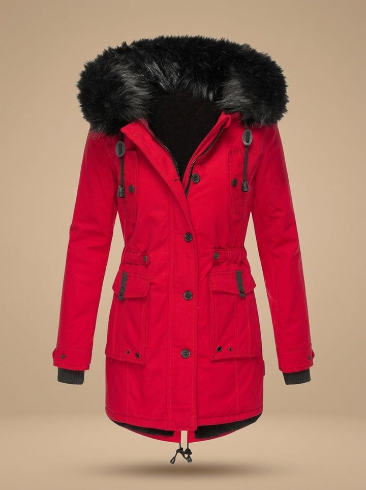 Damen Winterparka mit Kunstfellkapuze Taillenzug Knöpfen - Rot
