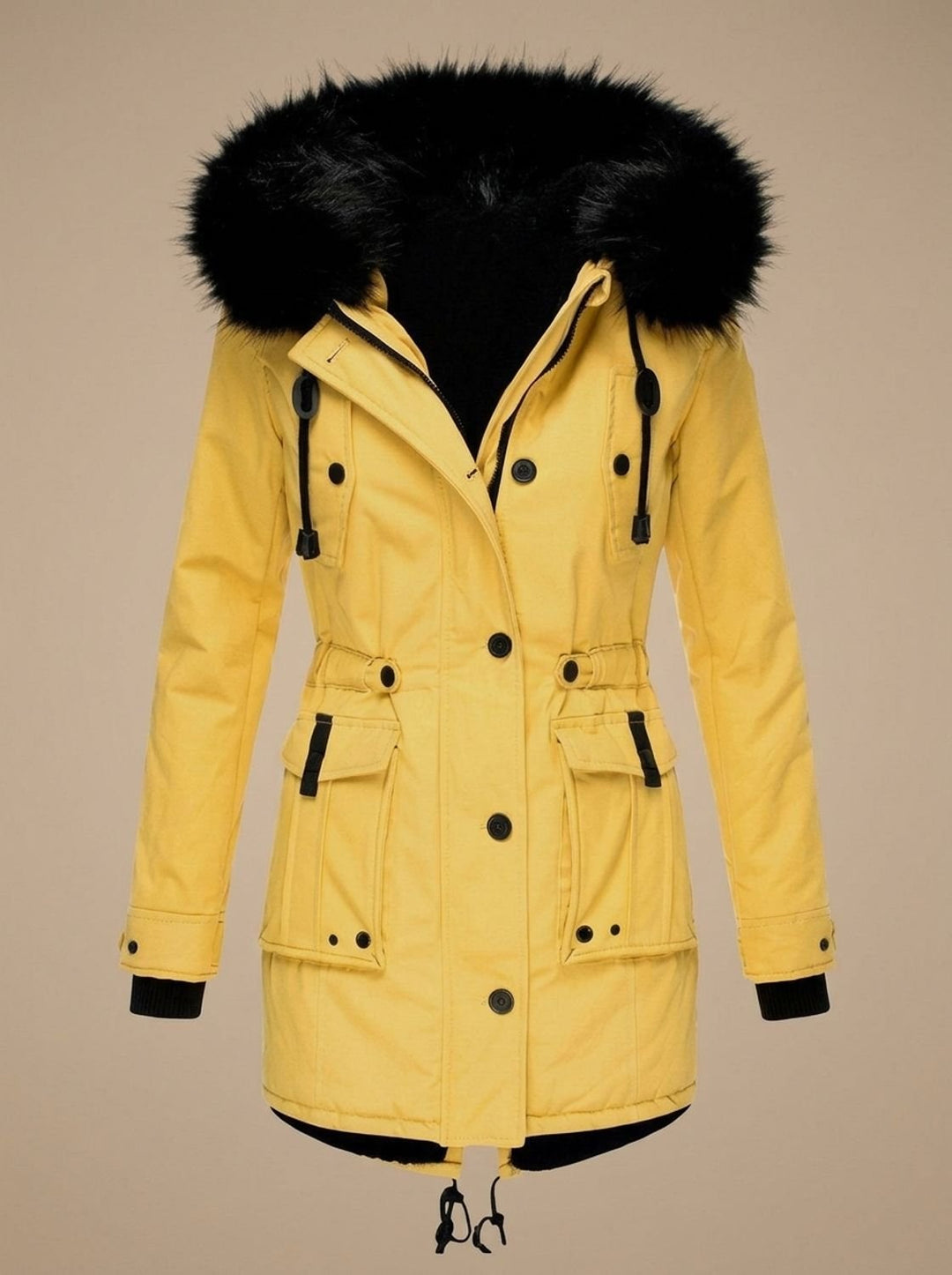 Damen Winterparka mit Kunstfellkapuze Taillenzug Knöpfen - Gelb