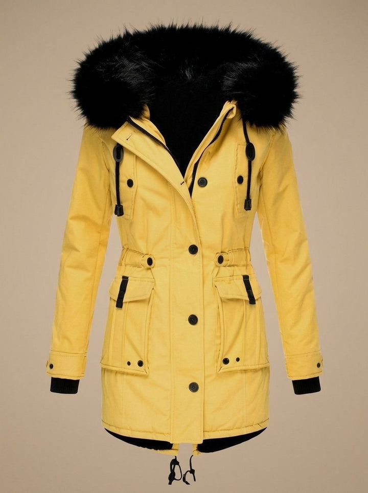 Damen Winterparka mit Kunstfellkapuze Taillenzug Knöpfen - Gelb