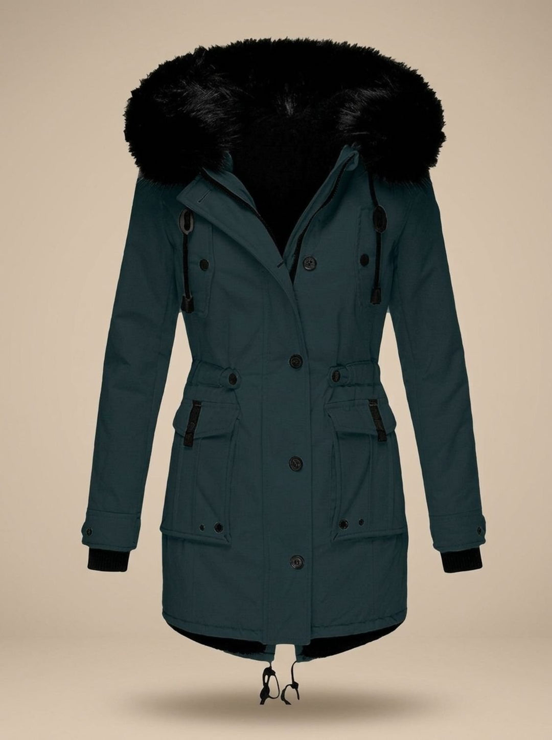 Damen Winterparka mit Kunstfellkapuze Taillenzug Knöpfen