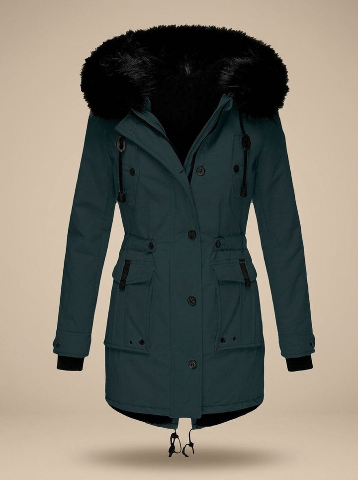 Damen Winterparka mit Kunstfellkapuze Taillenzug Knöpfen