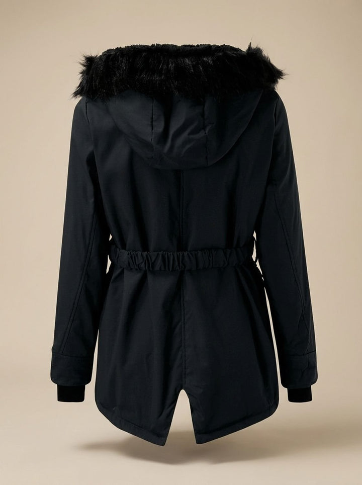 Damen Winterparka mit Kunstfellkapuze Taillenzug Knöpfen