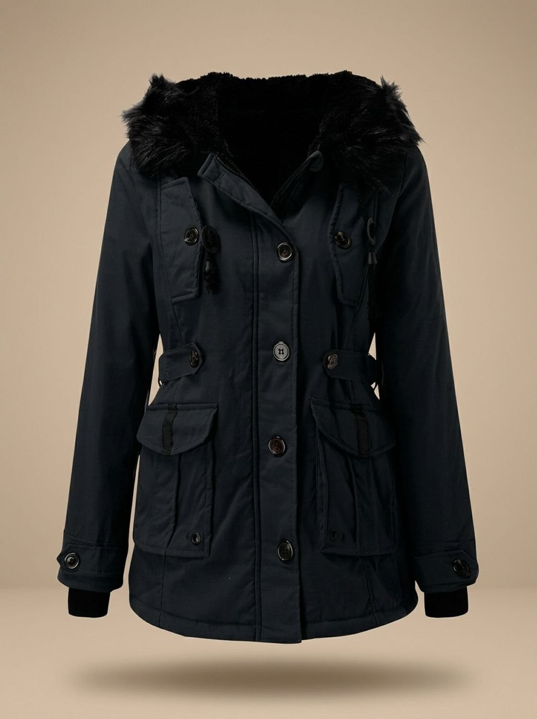 Damen Winterparka mit Kunstfellkapuze Taillenzug Knöpfen