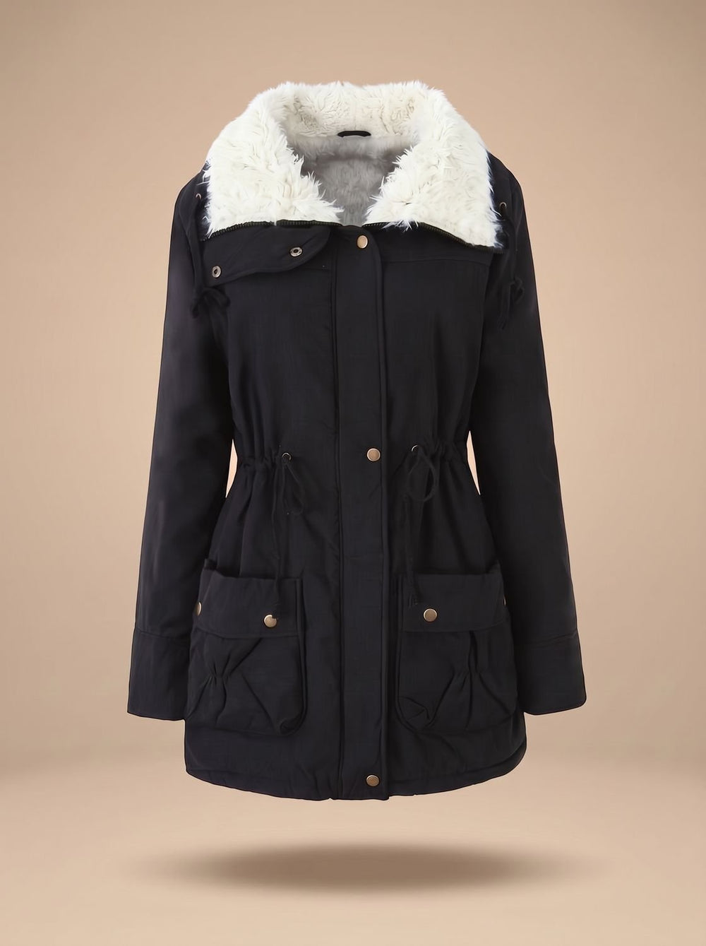 Damen Winterparka mit Kunstfellkragen und Kordelzug-Taille - Schwarz