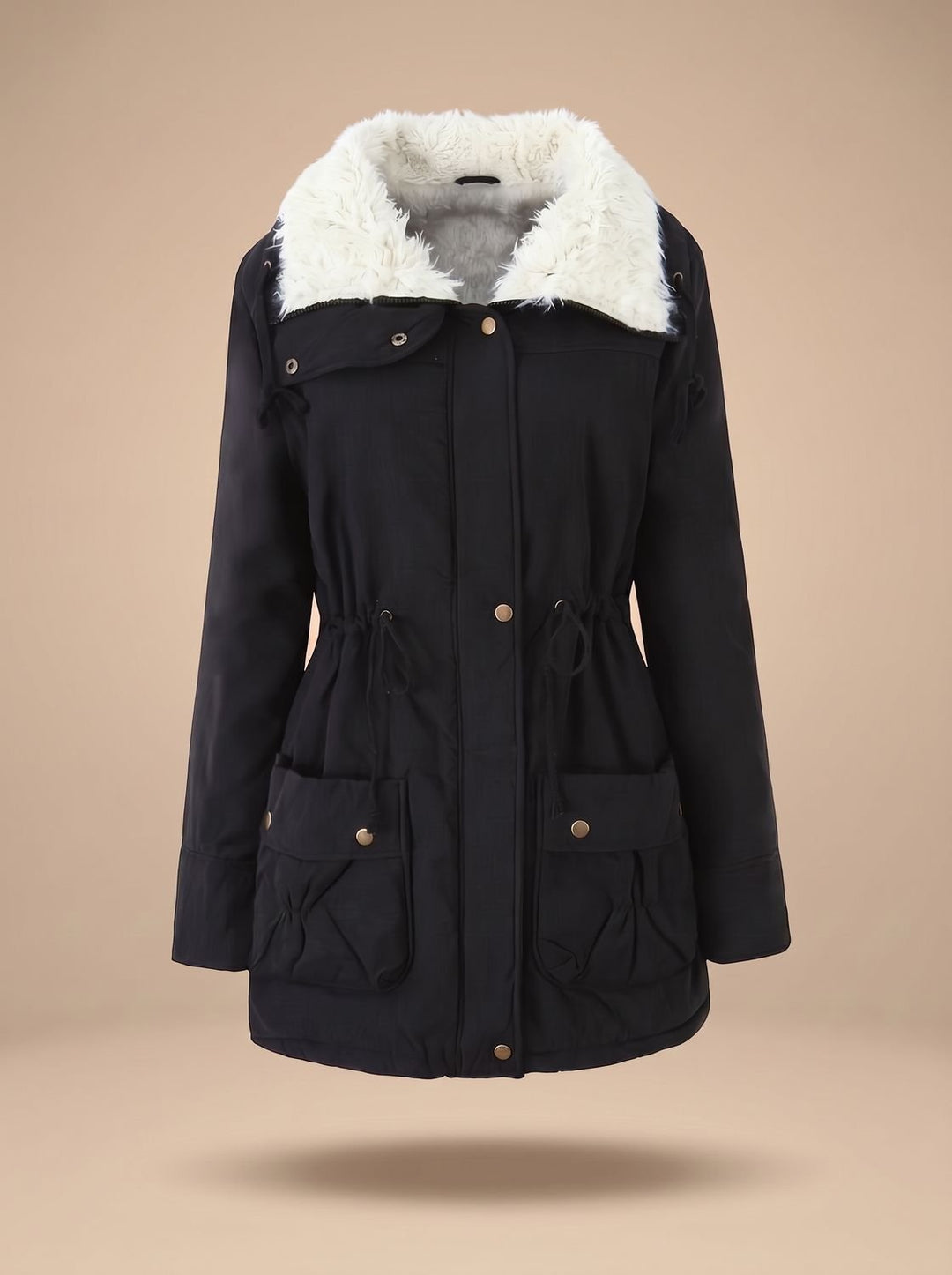 Damen Winterparka mit Kunstfellkragen und Kordelzug-Taille - Schwarz