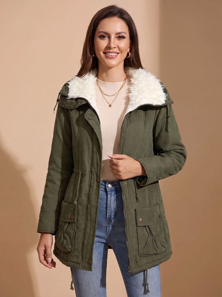 Damen Winterparka mit Kunstfellkragen und Kordelzug-Taille - Olivgrün