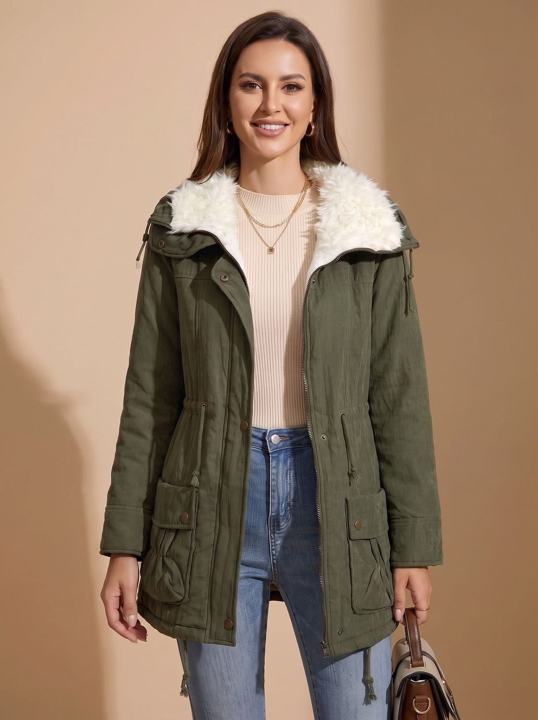 Damen Winterparka mit Kunstfellkragen und Kordelzug-Taille