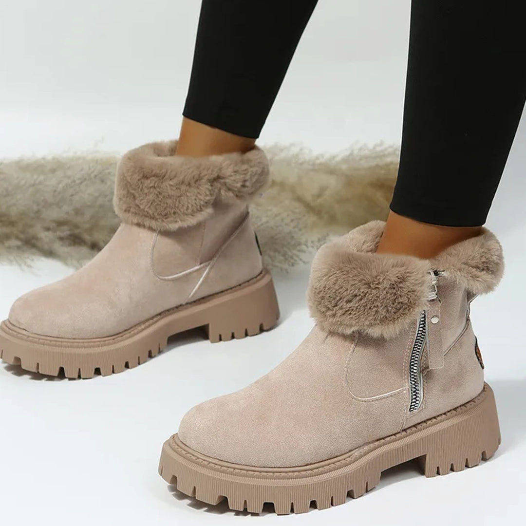 Damen Winterstiefel mit Fellkragen Plateau-Sohle Reißverschluss - Khaki