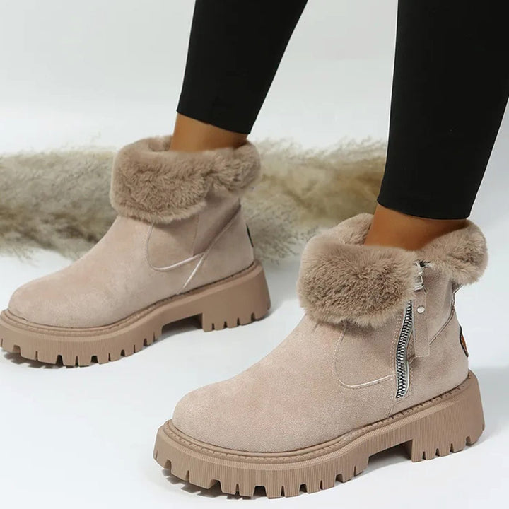 Damen Winterstiefel mit Fellkragen Plateau-Sohle Reißverschluss - Khaki