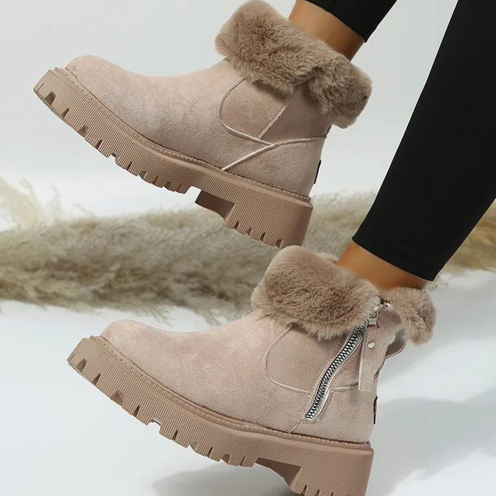 Damen Winterstiefel mit Fellkragen Plateau-Sohle Reißverschluss