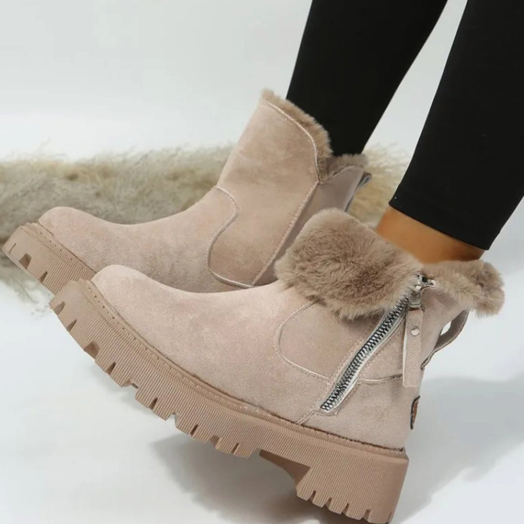 Damen Winterstiefel mit Fellkragen Plateau-Sohle Reißverschluss