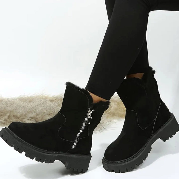 Damen Winterstiefel mit Fellkragen Plateau-Sohle Reißverschluss