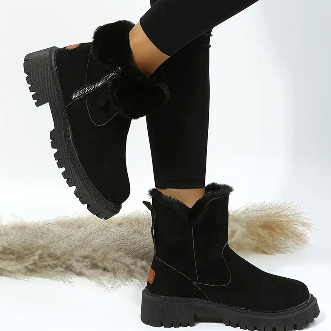 Damen Winterstiefel mit Fellkragen Plateau-Sohle Reißverschluss - Schwarz