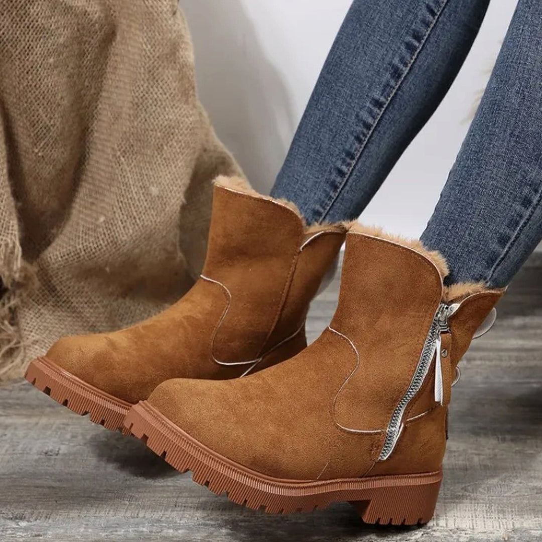 Damen Winterstiefel mit Fellkragen Plateau-Sohle Reißverschluss - Braun