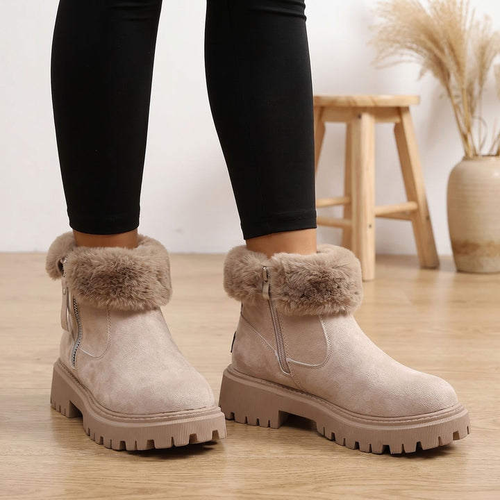 Damen Winterstiefeletten Plüsch Gefüttert Reißverschluss Blockabsatz - Khaki