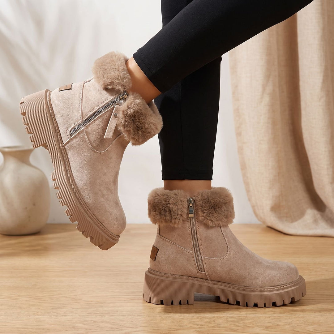 Damen Winterstiefeletten Plüsch Gefüttert Reißverschluss Blockabsatz