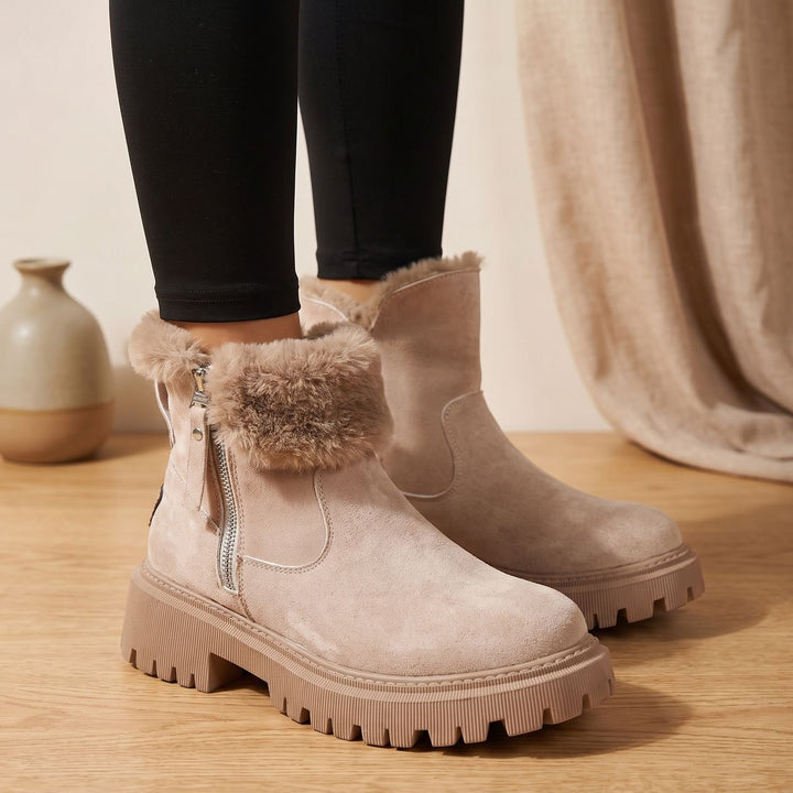 Damen Winterstiefeletten Plüsch Gefüttert Reißverschluss Blockabsatz