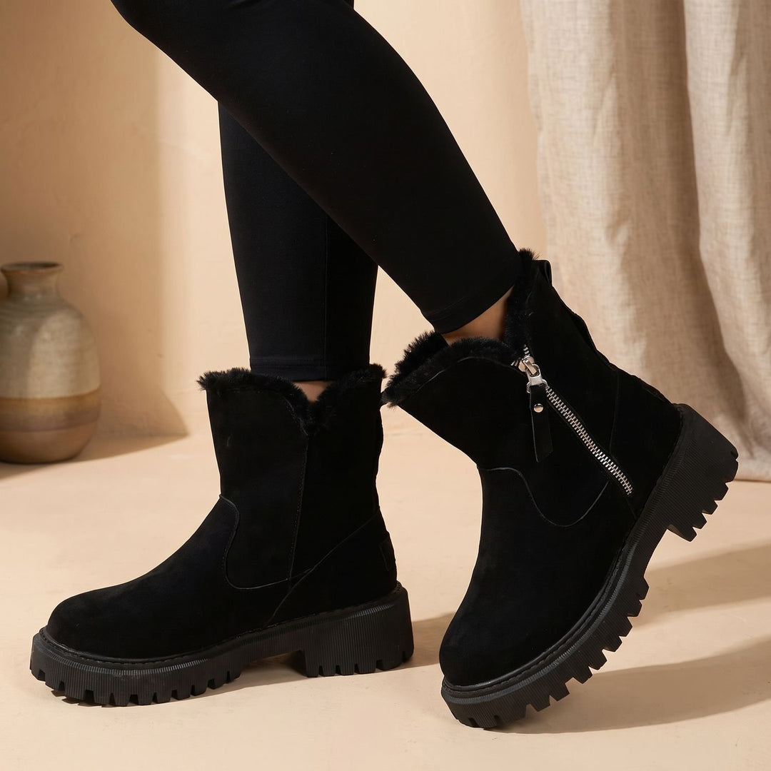 Damen Winterstiefeletten Plüsch Gefüttert Reißverschluss Blockabsatz
