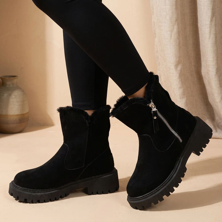 Damen Winterstiefeletten Plüsch Gefüttert Reißverschluss Blockabsatz