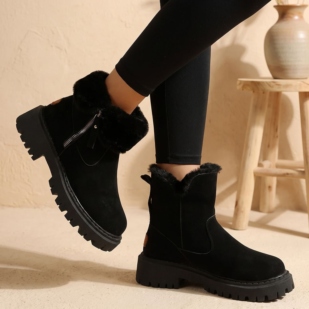Damen Winterstiefeletten Plüsch Gefüttert Reißverschluss Blockabsatz - Schwarz