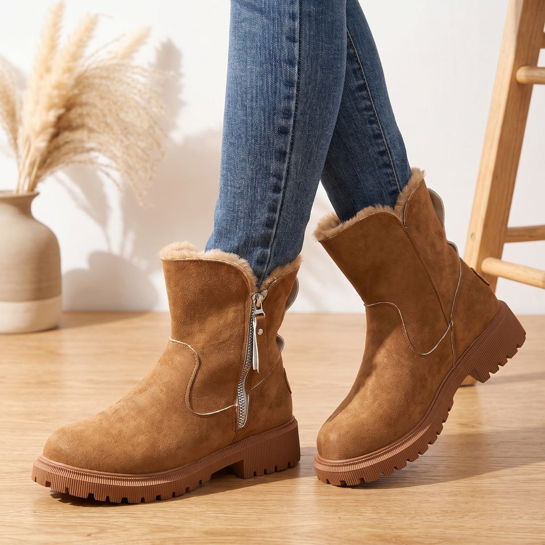 Damen Winterstiefeletten Plüsch Gefüttert Reißverschluss Blockabsatz - Braun