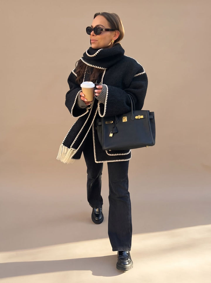 Damen Wollmantel Cape-Jacke mit Häkelkanten Winterjacke