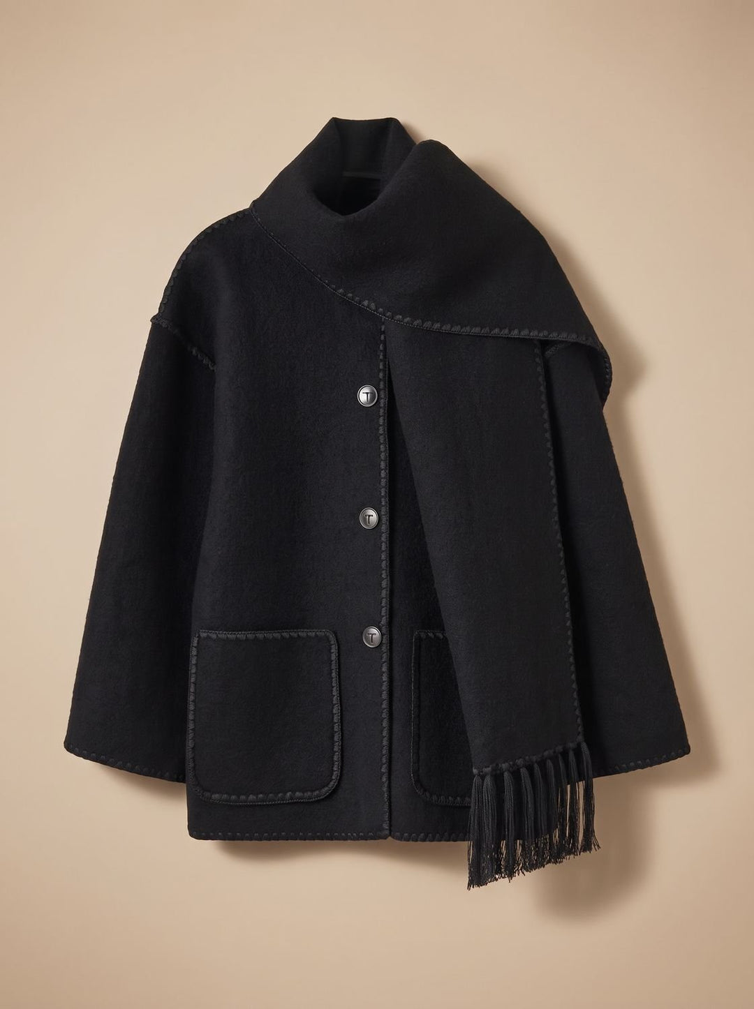 Damen Wollmantel Cape-Jacke mit Häkelkanten Winterjacke - Schwarz
