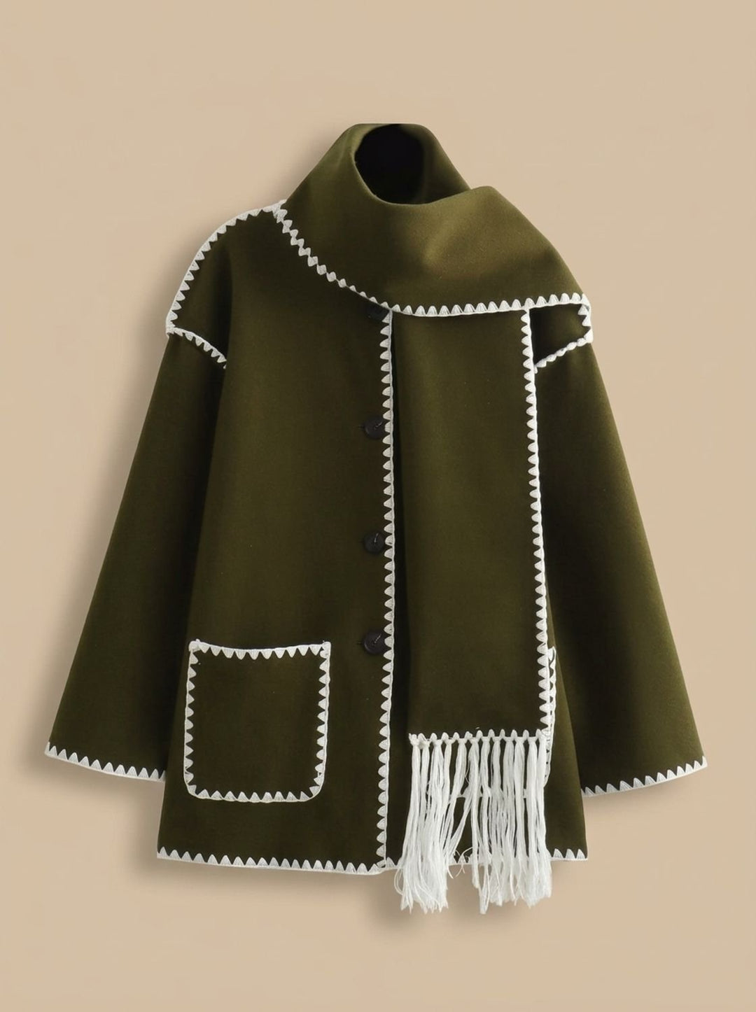 Damen Wollmantel Cape-Jacke mit Häkelkanten Winterjacke - Grün