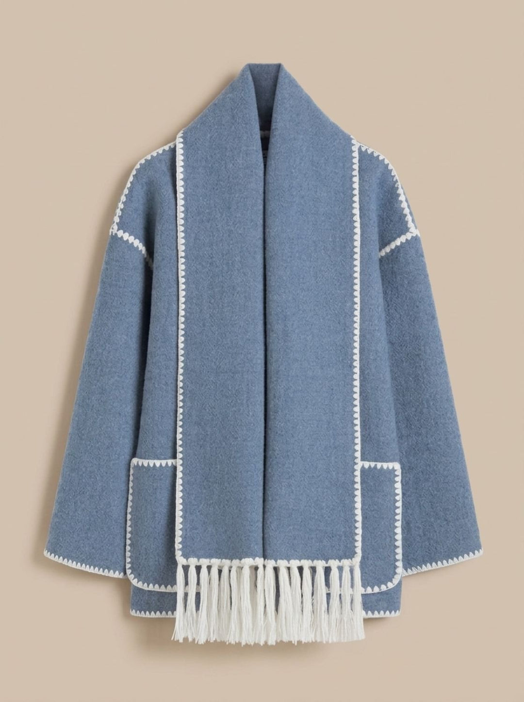 Damen Wollmantel Cape-Jacke mit Häkelkanten Winterjacke - Blau