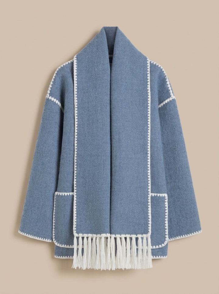Damen Wollmantel Cape-Jacke mit Häkelkanten Winterjacke - Blau