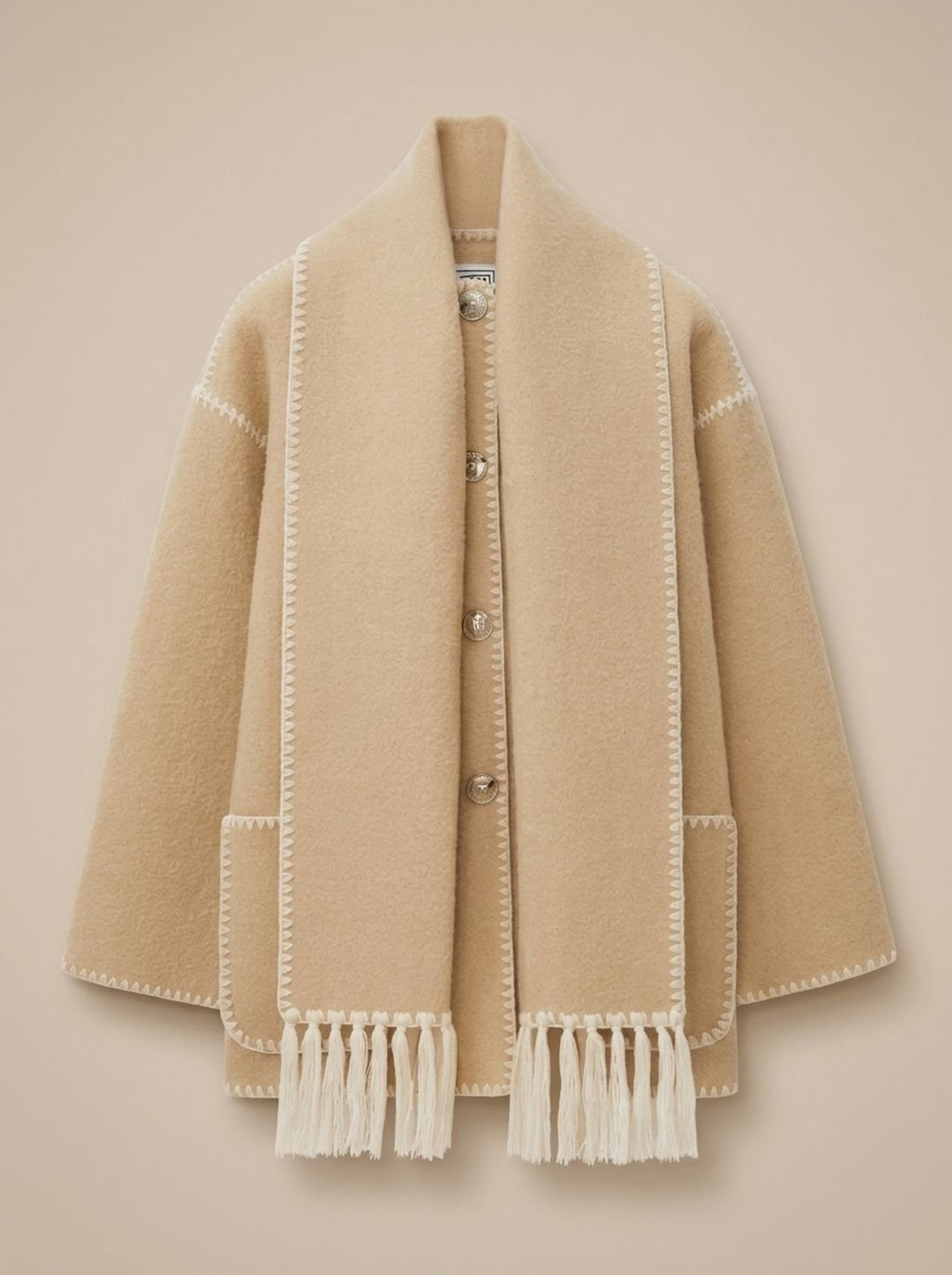 Damen Wollmantel Cape-Jacke mit Häkelkanten Winterjacke - Khaki
