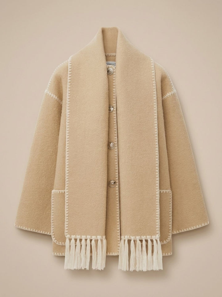 Damen Wollmantel Cape-Jacke mit Häkelkanten Winterjacke - Khaki