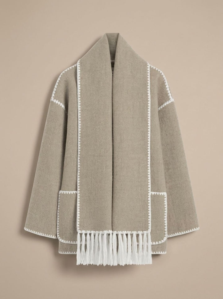 Damen Wollmantel Cape-Jacke mit Häkelkanten Winterjacke - Grau