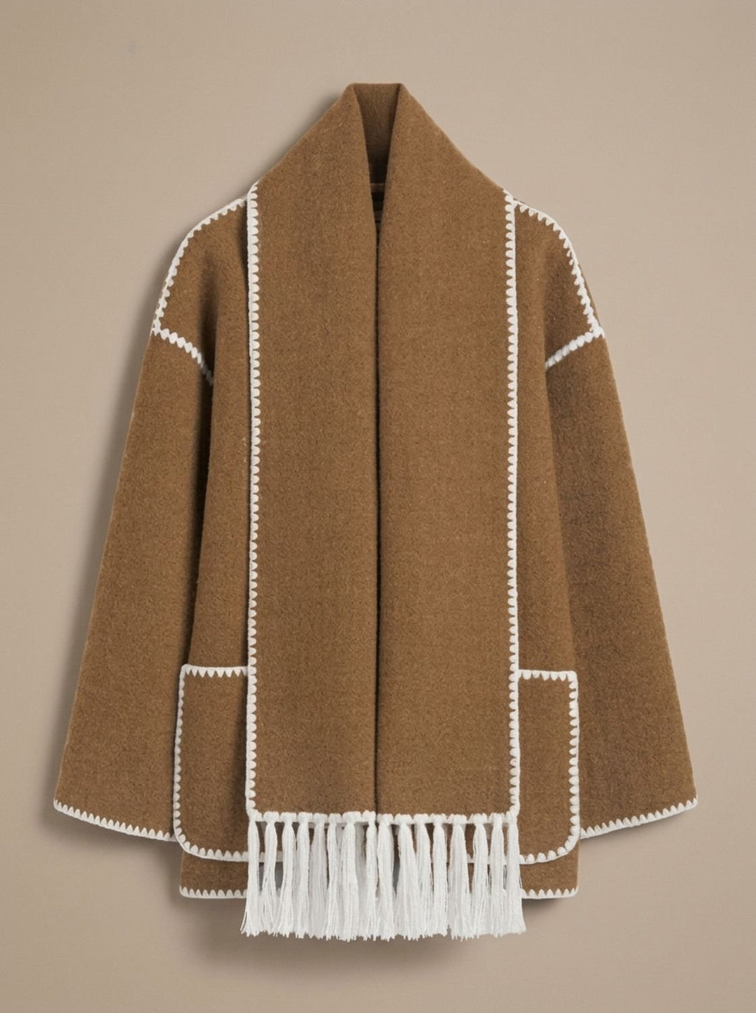 Damen Wollmantel Cape-Jacke mit Häkelkanten Winterjacke - Braun