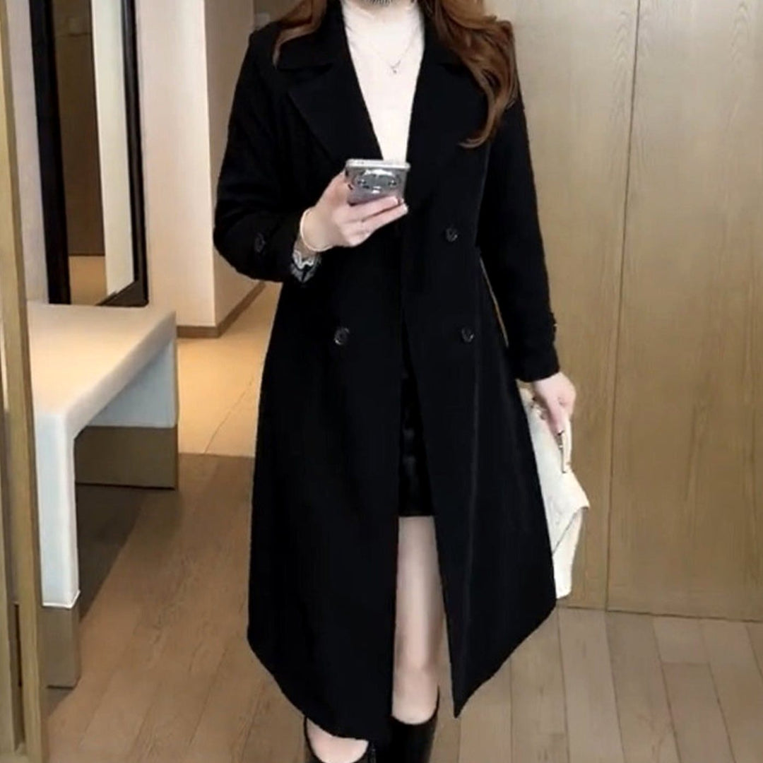 Damen Wollmantel Dame Eleganter Zweireiher Langer Wintermantel - Schwarz