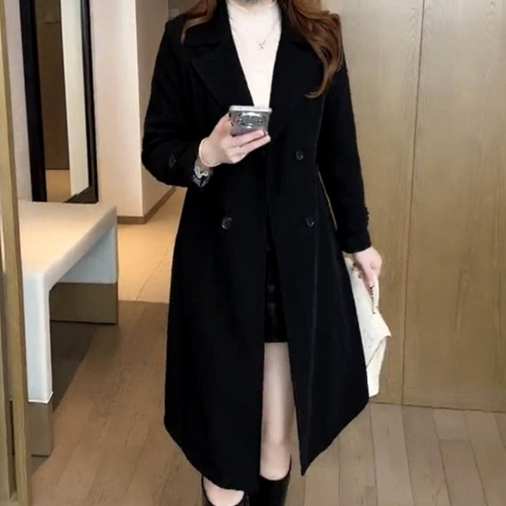 Damen Wollmantel Dame Eleganter Zweireiher Langer Wintermantel - Schwarz