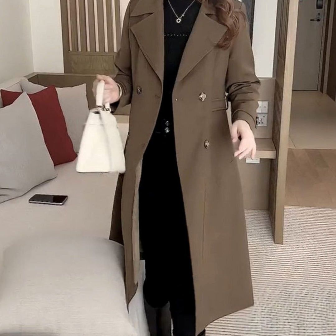 Damen Wollmantel Dame Eleganter Zweireiher Langer Wintermantel - Braun