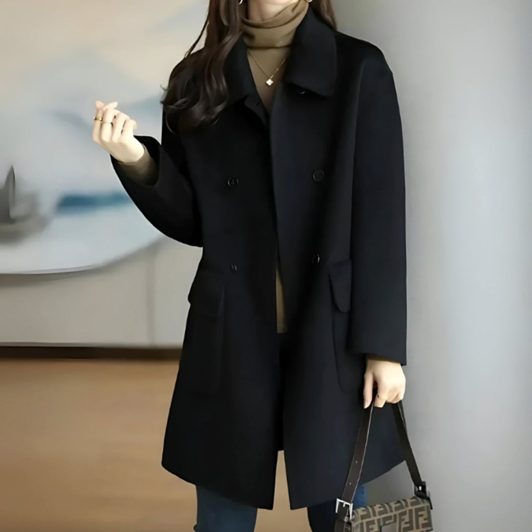 Damen Wollmantel Dame Zweireihiger Midi-Wintermantel mit Taschen - Schwarz