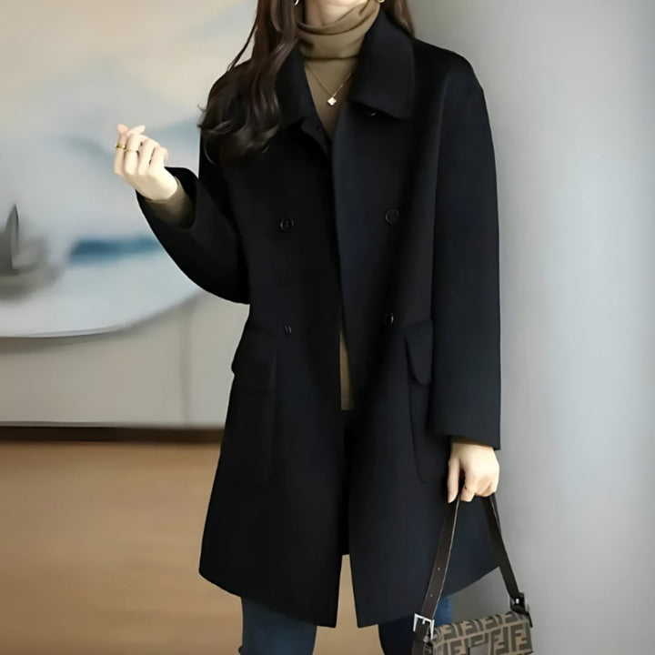 Damen Wollmantel Dame Zweireihiger Midi-Wintermantel mit Taschen - Schwarz
