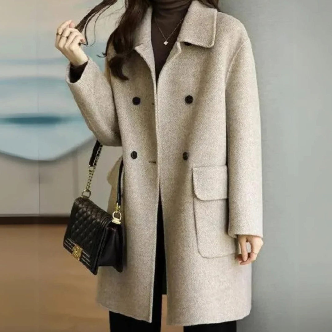 Damen Wollmantel Dame Zweireihiger Midi-Wintermantel mit Taschen - Beige