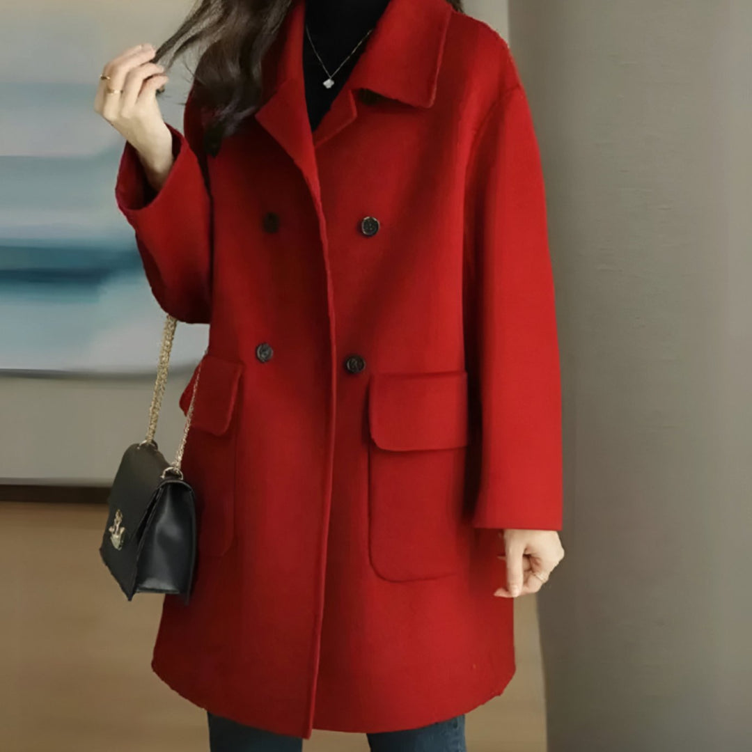 Damen Wollmantel Dame Zweireihiger Midi-Wintermantel mit Taschen - Rot
