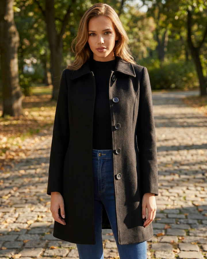 Damen Wollmantel Einreihiger Winter Trenchcoat mit Umlegekragen - Schwarz
