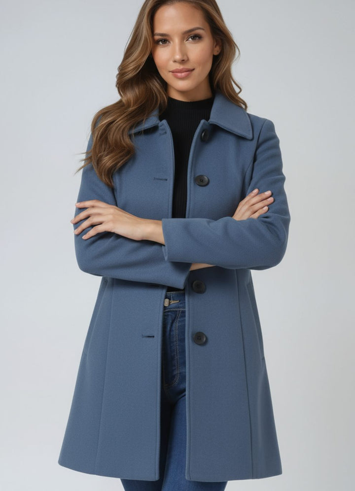Damen Wollmantel Einreihiger Winter Trenchcoat mit Umlegekragen - Hellblau