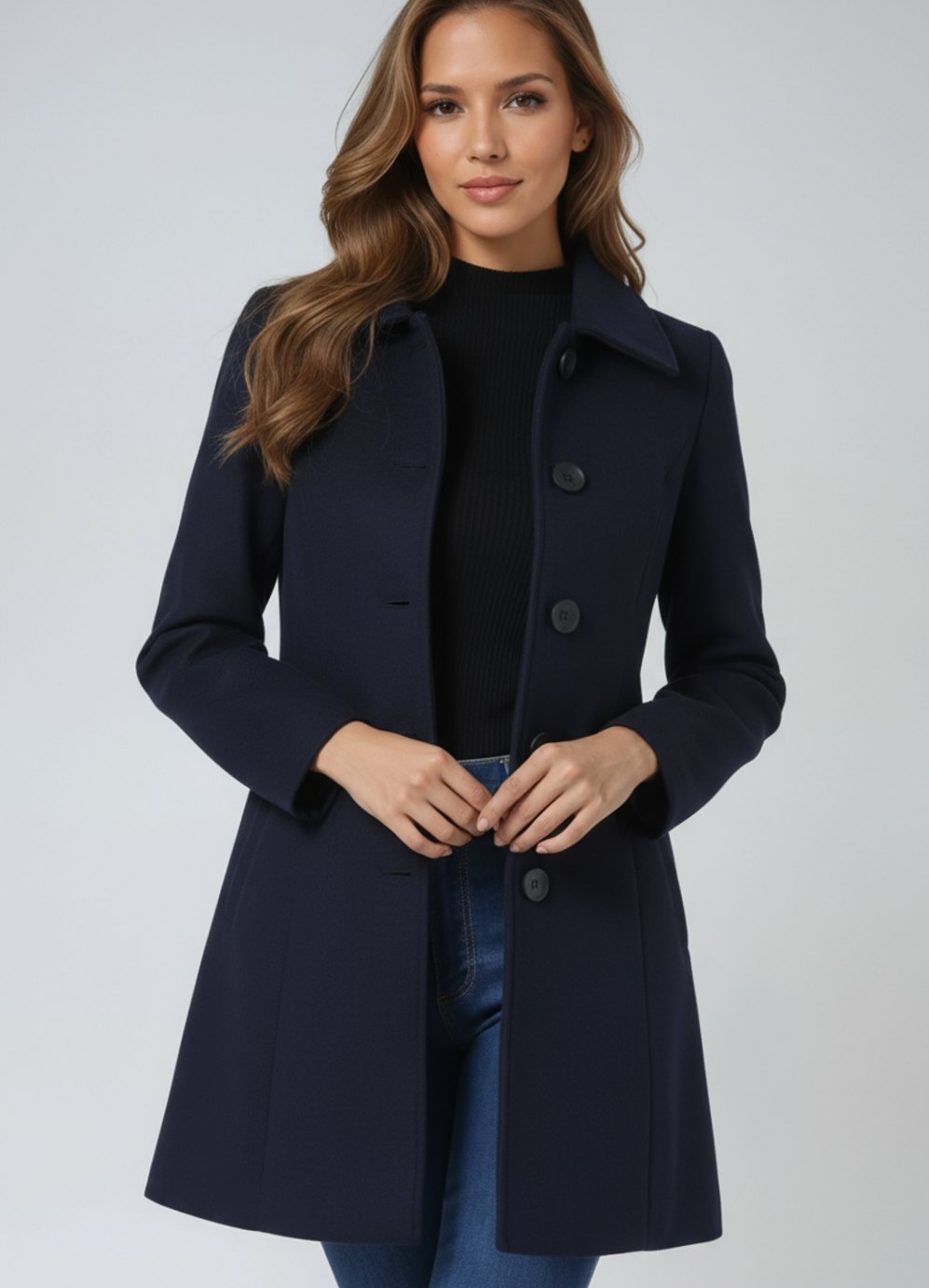 Damen Wollmantel Einreihiger Winter Trenchcoat mit Umlegekragen - Dunkelblau