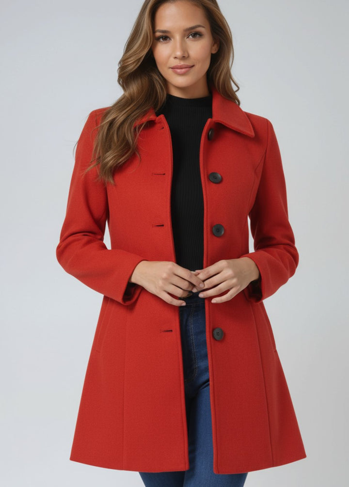 Damen Wollmantel Einreihiger Winter Trenchcoat mit Umlegekragen - Rot