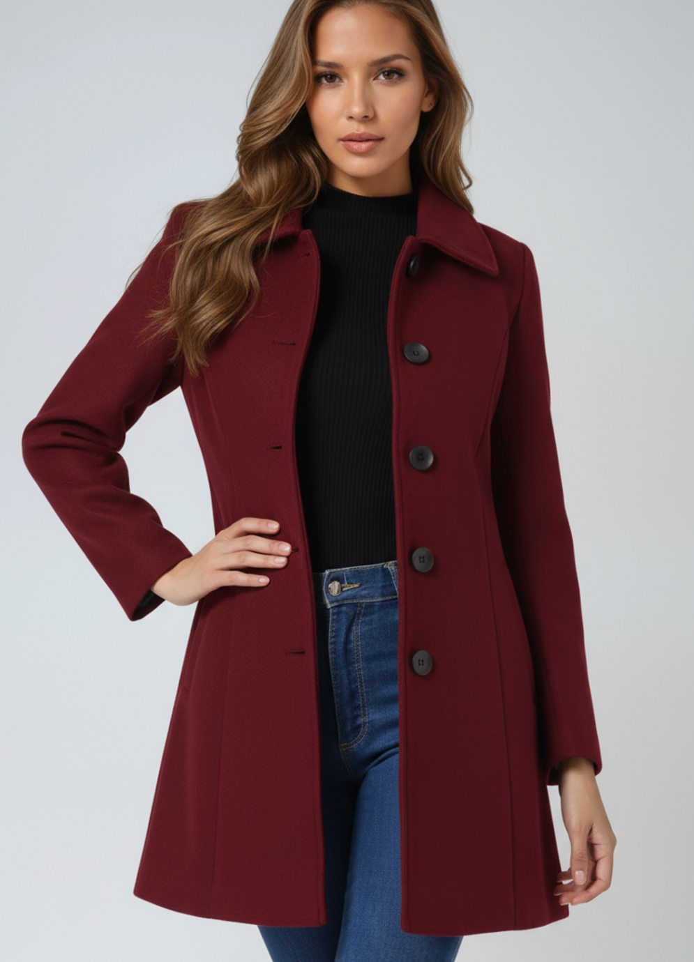 Damen Wollmantel Einreihiger Winter Trenchcoat mit Umlegekragen - Dunkelrot