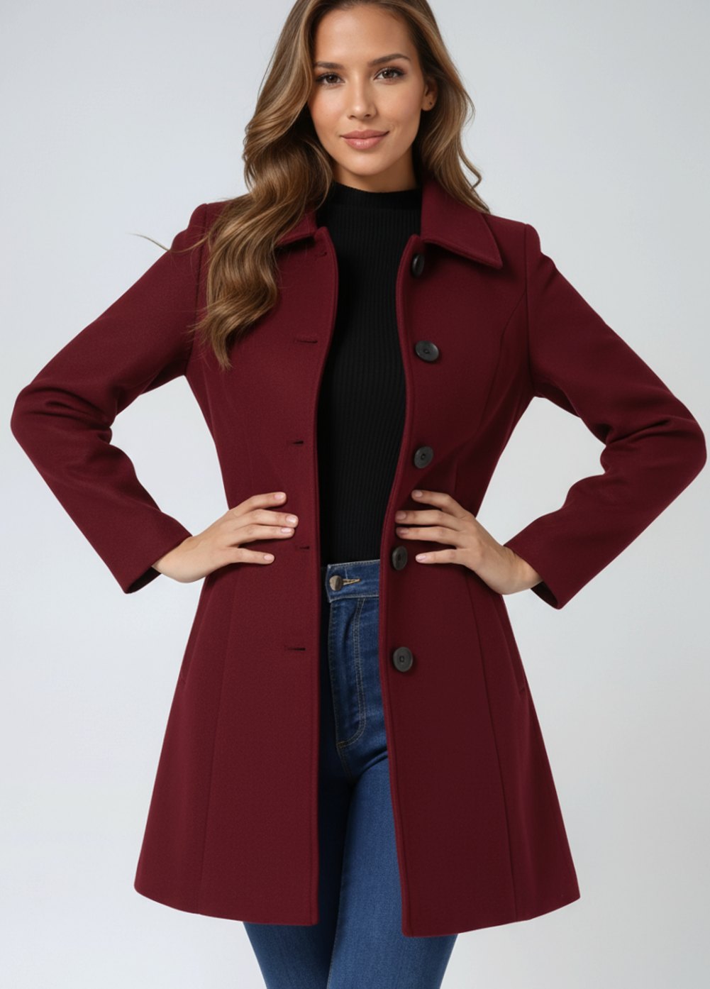 Damen Wollmantel Einreihiger Winter Trenchcoat mit Umlegekragen